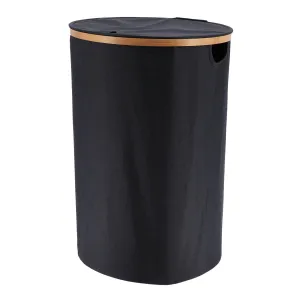 Foldable Round Laundry Basket with Lid, 70L, Polyester and Bamboo Trim