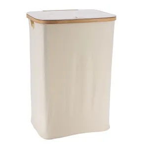 Foldable Rectangular Laundry Basket with Lid, 70L, Bamboo Accents
