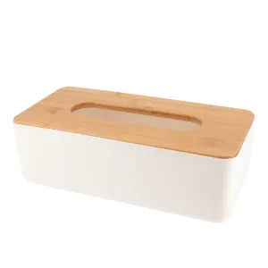 Tissue Box with Bamboo Lid, Modern White Plastic Organizer