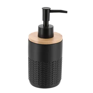 Soap Dispenser with Bamboo, Matte Black Polyresin, 260ml, Chevron Texture