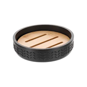 Soap Dish with Bamboo, Matte Black Polyresin, Engraved Chevron Design
