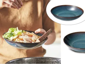 Ocean Blue Glazed Deep Plate with Golden-Brown Details