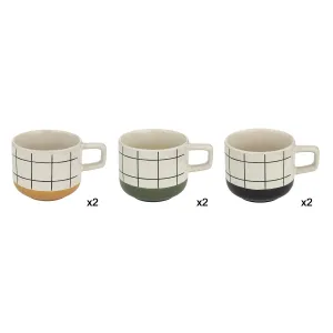 Stoneware Coffee Mug Set - 6 Piece Grid Design, 22cl
