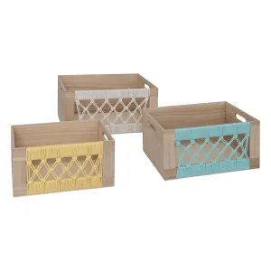 Set of 3 Wooden Crates with Colorful Macrame