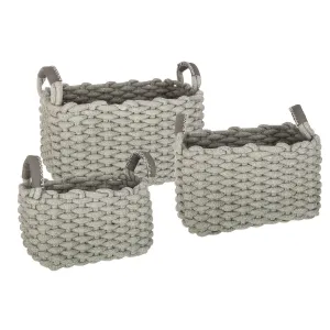 Set of 3 Grey Woven Cotton Baskets with Rectangular Handles