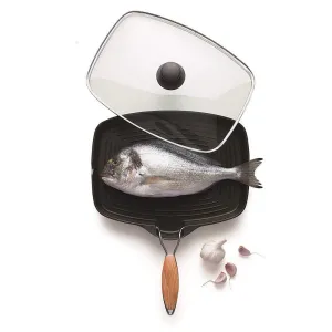 GRIGLIOSA Non-Stick Grill Pan with Glass Lid & Wood Handle