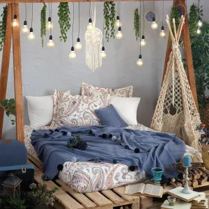 5Pcs Double Duvet Cover With Blanket 200*220 Boho Chic Blue - Made In Turkey