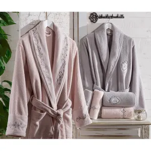Dantela Cotton Sultan Pcs Embroideried Bathrobe Set (Pudra-Gri)