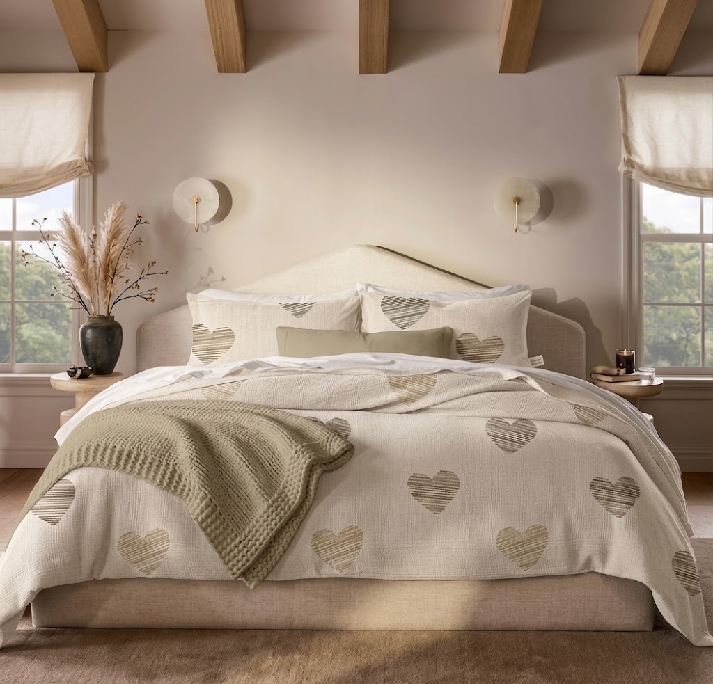 Beige Hearts Signature Cotton Bed Set