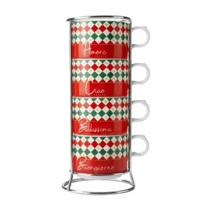 Bialetti Tricol04 4 Pcs Cappuccino Cup Set With Stand, 160 Ml, Dishwasher And Microwave Safe, Porcelain