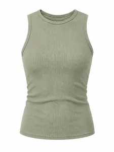 Ribbed Basic Sleeveless Round Neck Top - Light Green