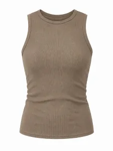 Ribbed Basic Sleeveless Round Neck Top - Brown
