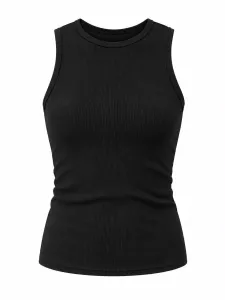 Ribbed Basic Sleeveless Round Neck Top - Black