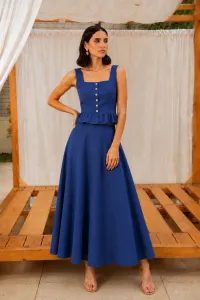 Square Neckline Top With Ruffles - Royal Blue