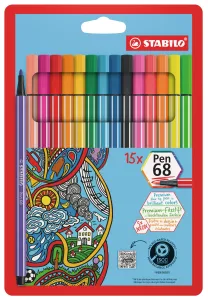 STABILO Pen 68 Felt-Tip Pens Pack of 15 (10 Standard + 5 Neon)