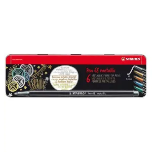 STABILO Pen 68 Metallic Felt-Tip Pens Metal Box of 6 Colors