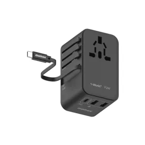 Momax 1-World+ 3-Ports Travel Charger Built-in USB-C Cable (GaN 70W)