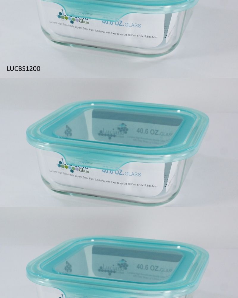 Luciano High Borosilicate Square Glass Food Container with easy snap lid 1200ml 17.5x17.5x6.5cm