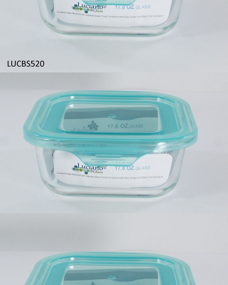 Luciano High Borosilicate Square Glass Food Container with easy snap lid 800ml 15x15x6.2cm