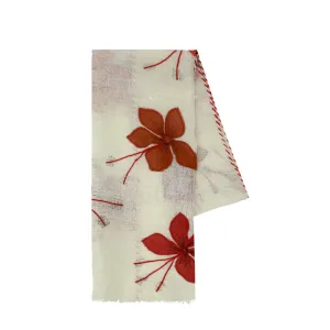 Red Flowers White Linen Scarf