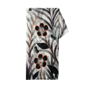 Black Flowers White Wool Scarf