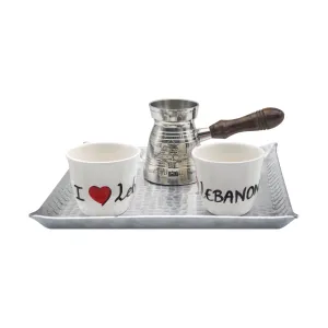 Silver Coffee Pot, Tray, I Love Lebanon Cups Set