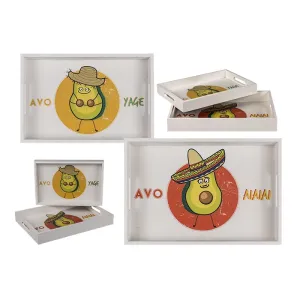 Out Of The Blue White Wooden Tray With Avocado Design Set Of 2 Pcs 35 X 24 Cm & 30 X 20 Cm#144279.