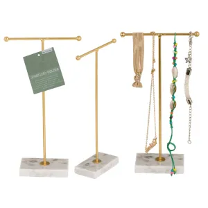 Out Of The Blue Golden Metal Jewellery Holder T-Bar With Marble Stand 12 X 5 X 23 Cm # 144419 Gold