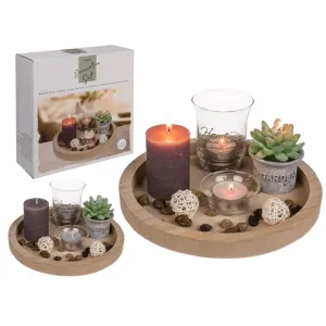 Out Of The Blue Wooden Plate 23x9cm With 2 Glass Tealight Holders, 2 Tealights, 2 Candles & Deco Stones #220163.