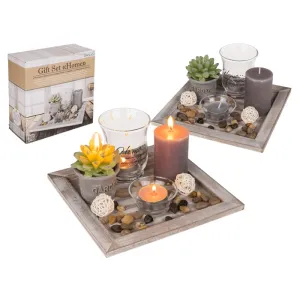 Out Of The Blue Wooden Plate 20x20cm White W/2 Glass Tealight Holders,2Tealights,2Candles&Deco Stones,Home#220059 In Gift box