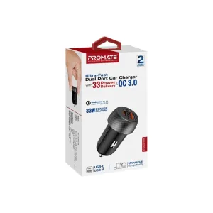 Promate Ultra-Fast Dual Port Car Charger Power Delivery &Qc 3.1 33W  #Drivegear-Pd33 Black