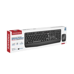 Promate Wireless Ergonomic Multimedia Keyboard With Palm Rest & Ambidextrous Mouse #Procombo-14 Black