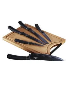 6 pcs knife set with bamboo cutting board Black Silver