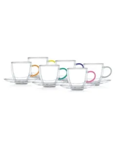 Luciano 12PC Set 6x70Ml High Borosilicate Double Wall Coffee Glass Cups with Color Handles +12Cm Saucers