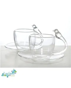 Luciano 80Ml High Borosilicate / Isotherm / Double Wall Espresso Glass Cup and Saucer (Cup with Bird Figurine Handle) Set of 4