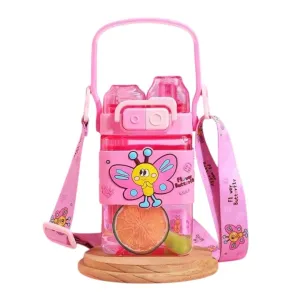 Uzspace Plastic Water Bottle Kids Square Shape With Straw 450Ml BPA Free #2401 Pink.