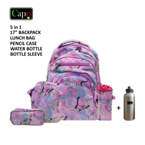 Butterfly Backpack Set 17 Inch + Water Bag + Pencil Case + Lunch Bag
