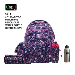 Flowers Backpack Set 17 Inch + Water Bag + Pencil Case + Lunch Bag