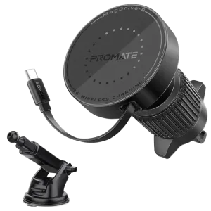 Promate (Magdrive-R) 15W MagSafe Compatible Car Wireless Charger with Retractable Cable - Black