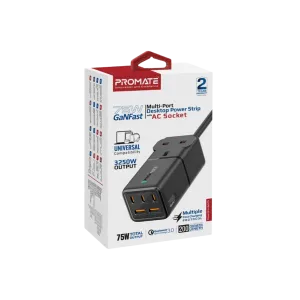 Promate (PowerBrix-GaN75) 75W Multiport Desktop Power Strip - Black