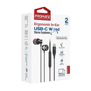 Promate (Silken-C) Wired Ergonomic USB-C Earphones - Black