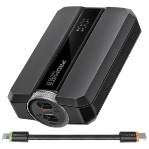 Promate ( Neo-10Uni.Black ) Power Bank Ultra Compact with USB-C, Lightning Ports- Black