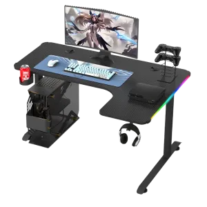 CEM (L-L) Gaming Desk Table L-Shaped, RGB, Cup/Headset Holder, Carbon Fiber - Black